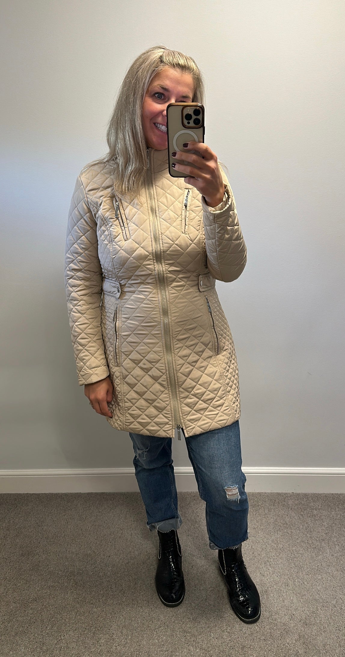 Patrizia Dini beige diamond quilted mid length zip up jacket size 12 also available in black