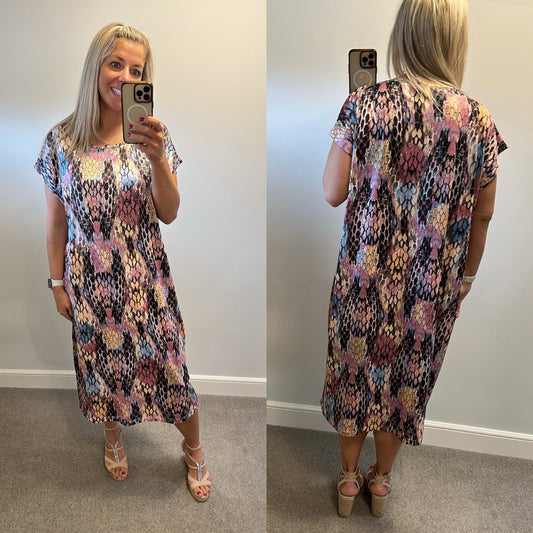 Frank usher pastel colour print embellished dress size S/M oversized would fit upto size 18