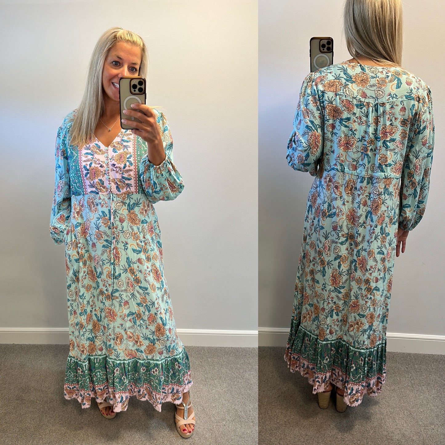 Izabel London turquoise and pink floral print dress with pockets size 16
