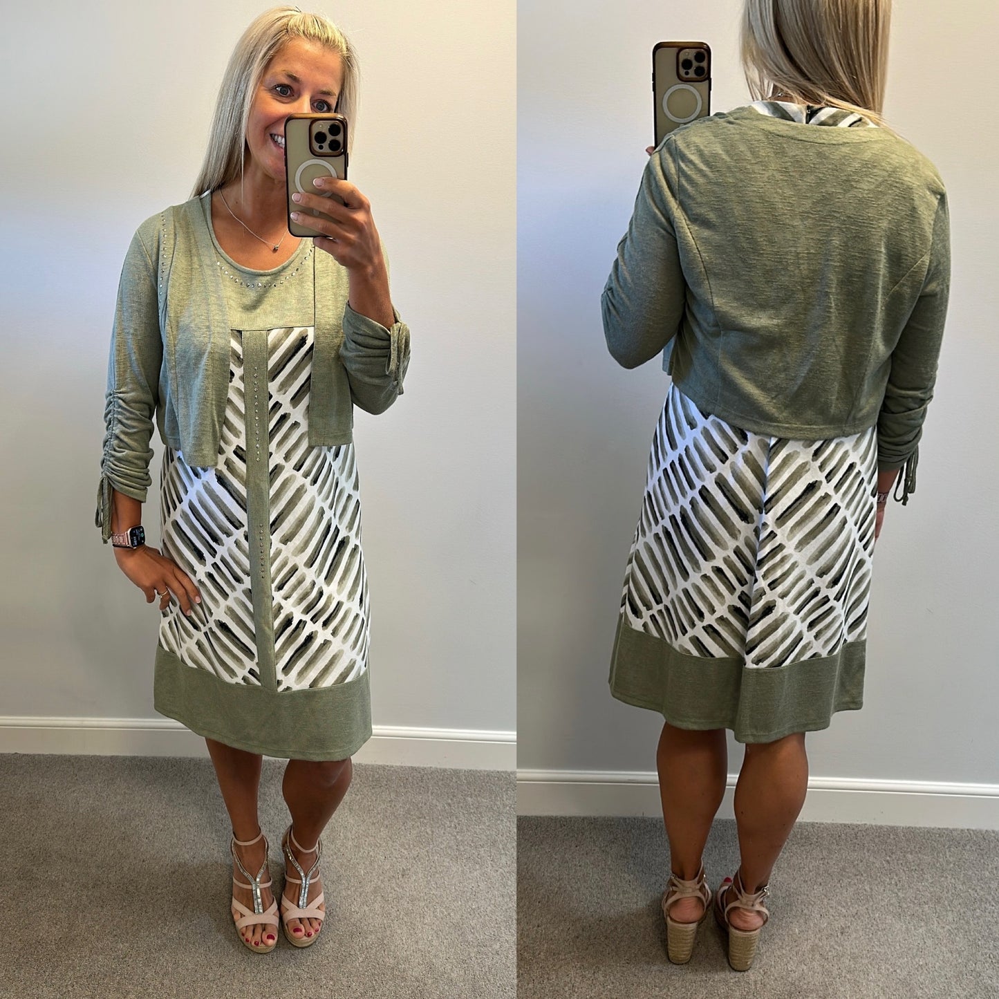 Picadilly khaki green print dress and cardigan size L would fit upto size 16