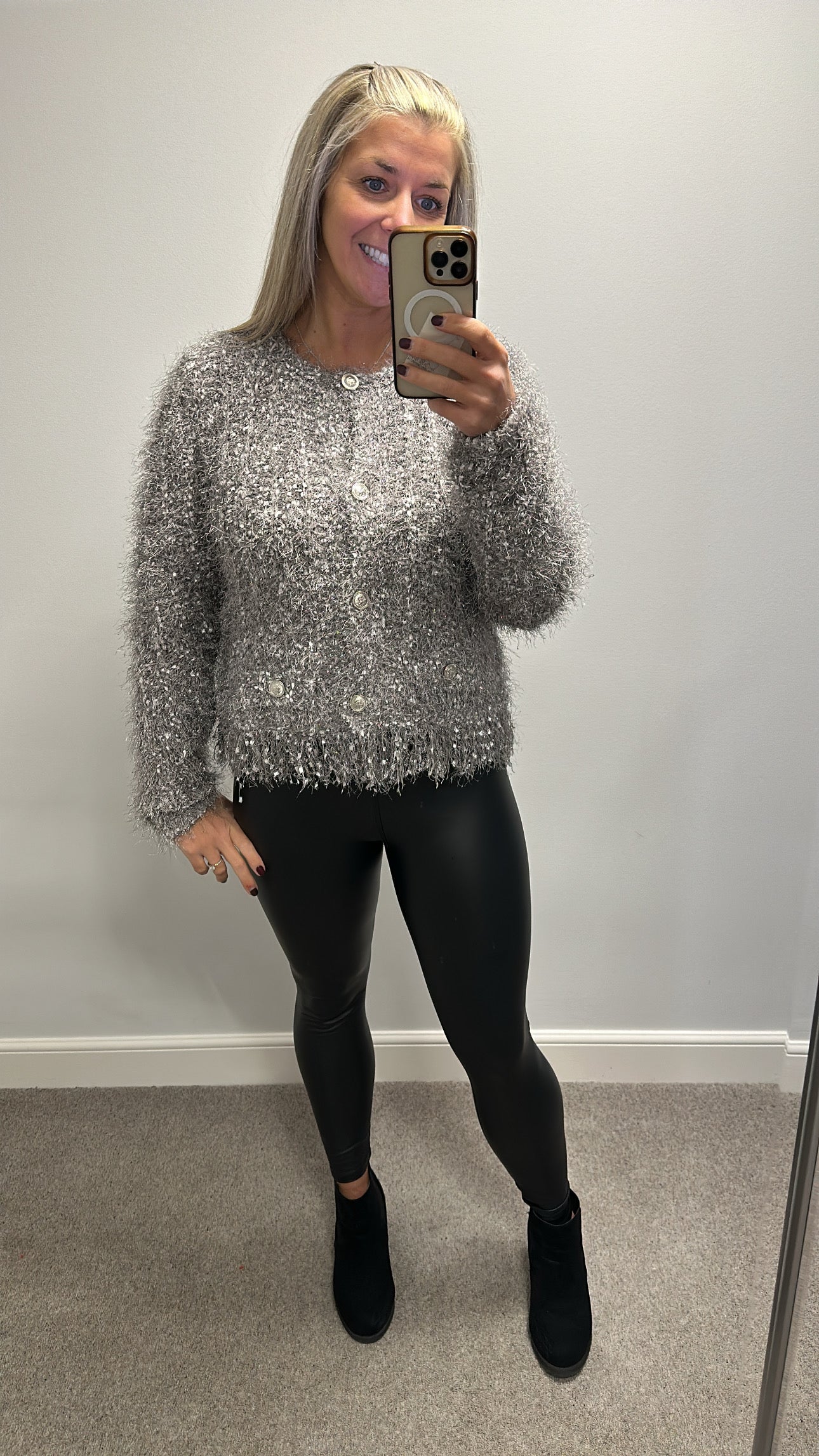 Lipsy grey fluffy shimmer knit jumper / cardigan size 16