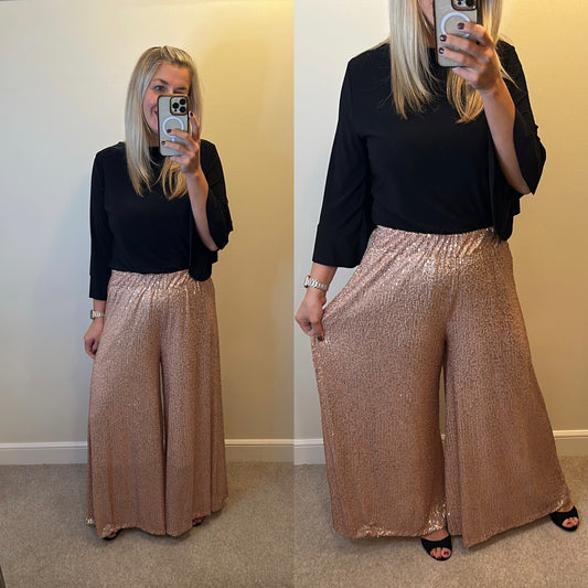 Rose gold sequin wide leg trousers brand new with tags one size fitting upto size 18