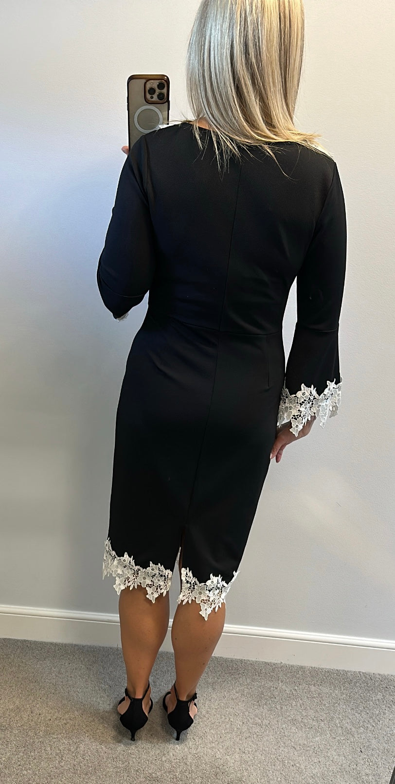 Black dress with white floral lace trim size 16