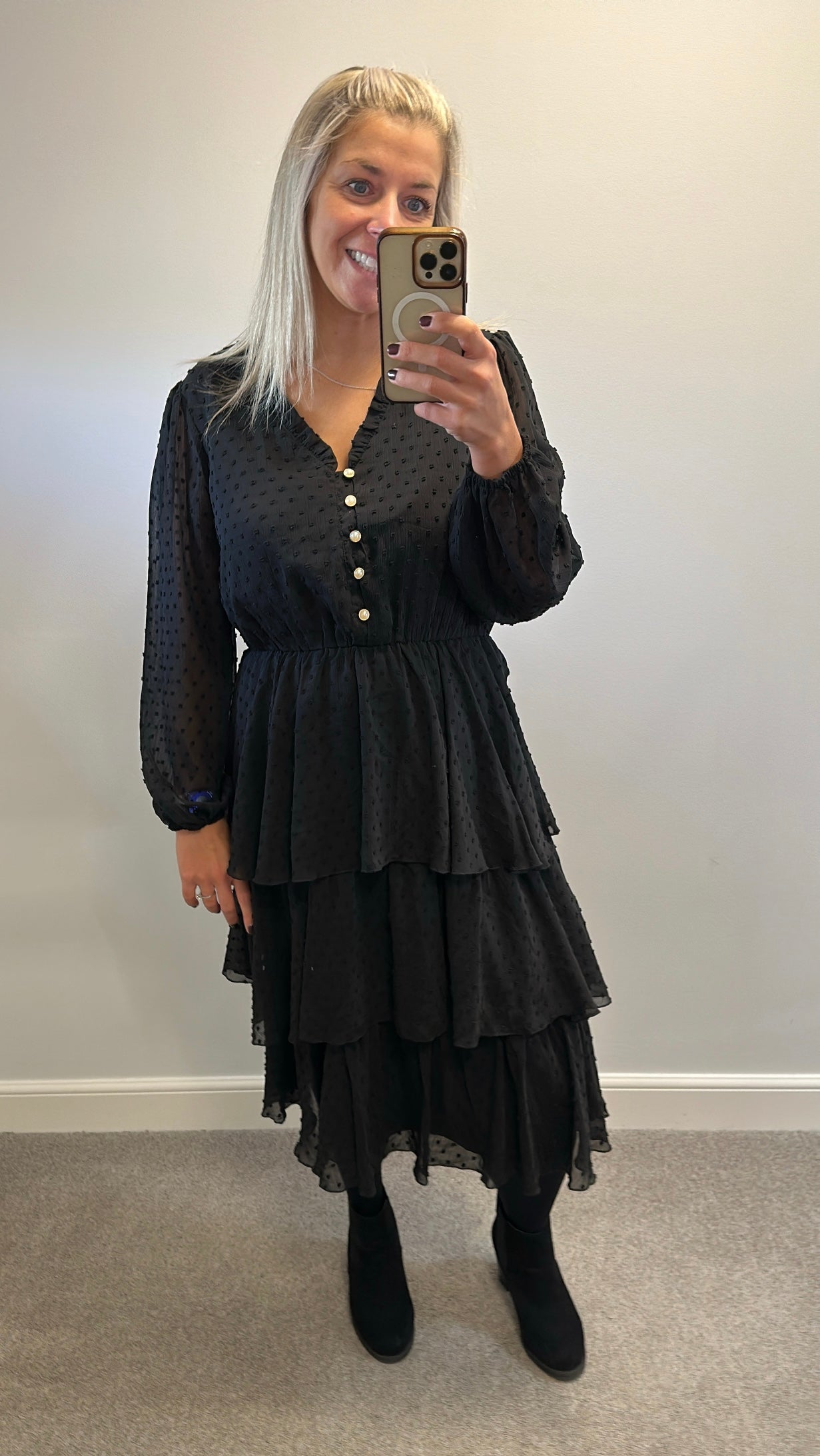 JD Williams black pearl button ruffle dress size 14