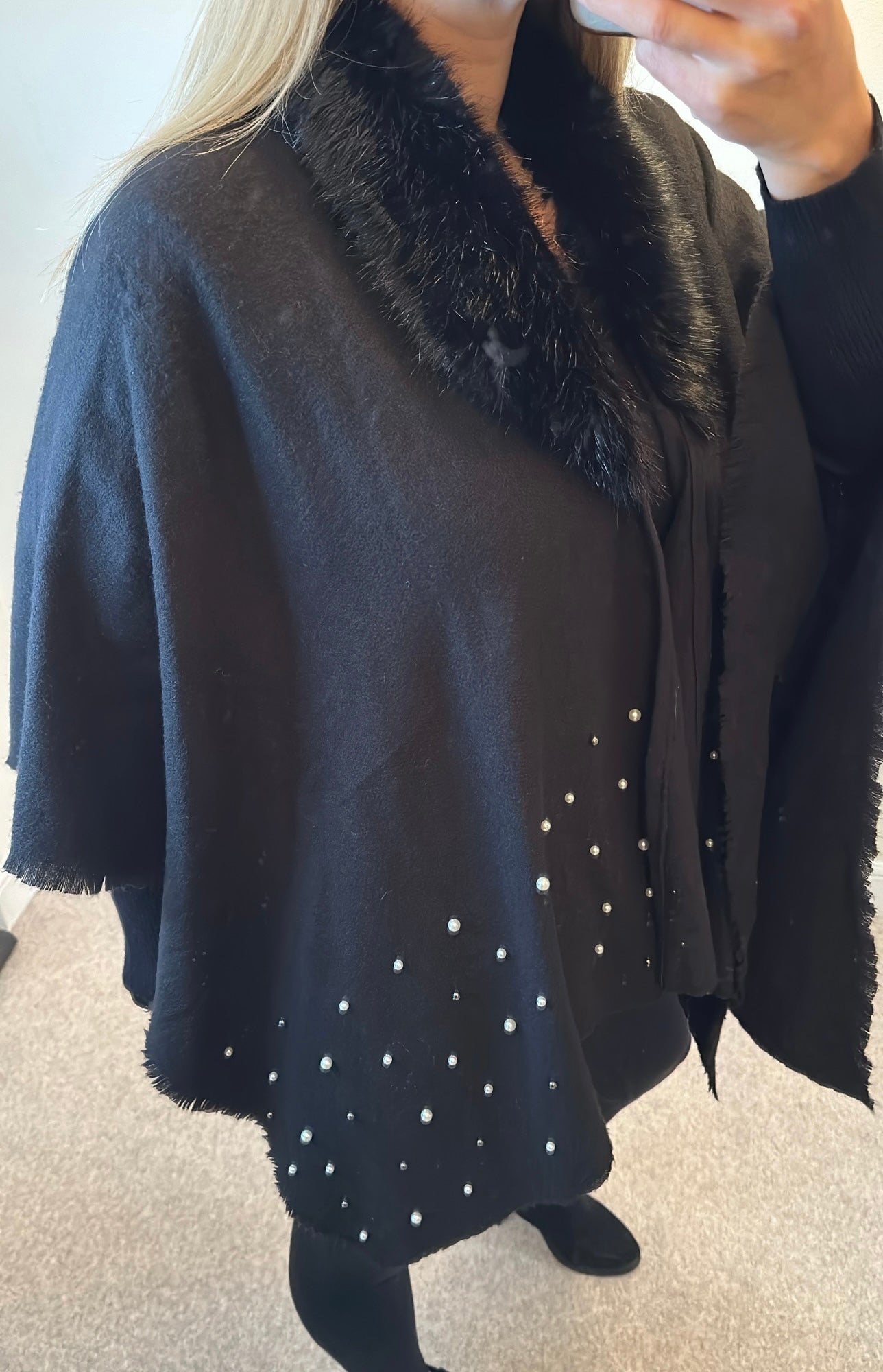 Fur trim black pearl poncho / scarf  One size