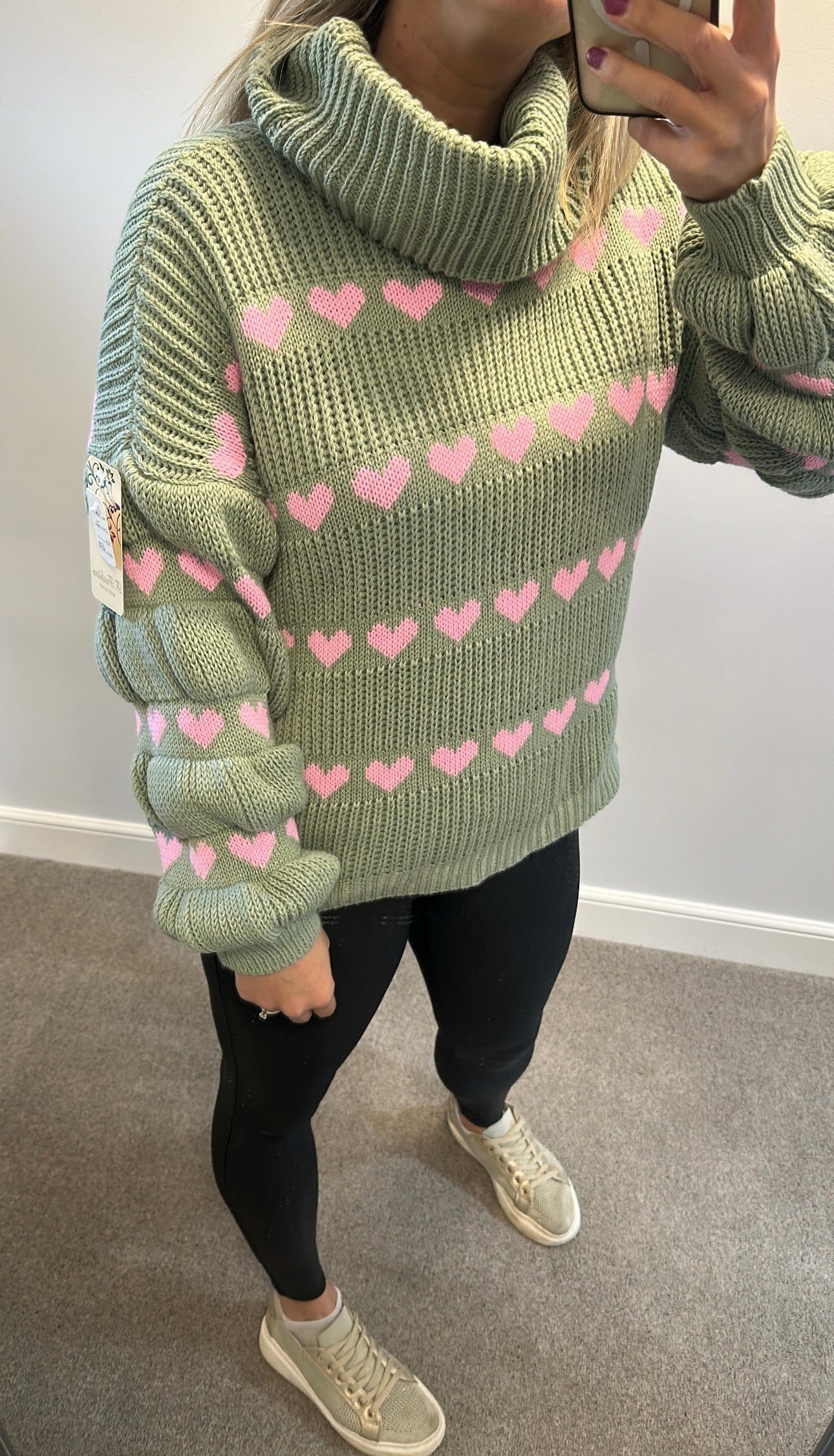 F.Fashion green and pink heart knitted jumper one size fitting upto size 16 brand new with tags