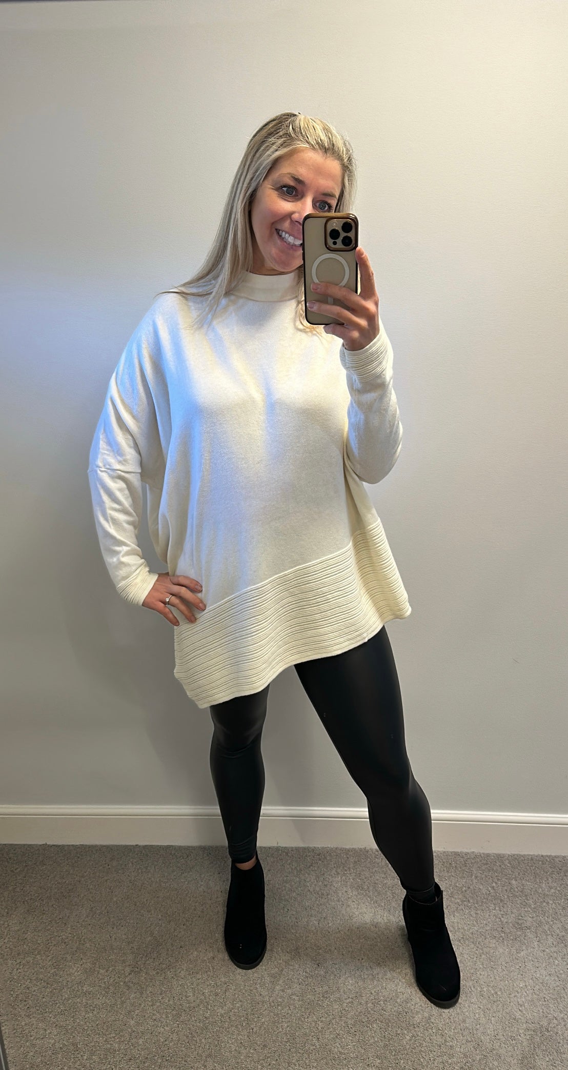 Phase eight cream asymmetrical jumper size L would fit upto size 18