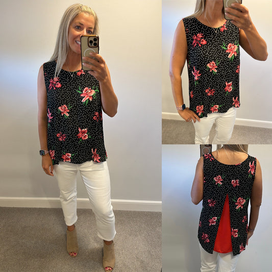 Wallis black floral polka dot top size 18