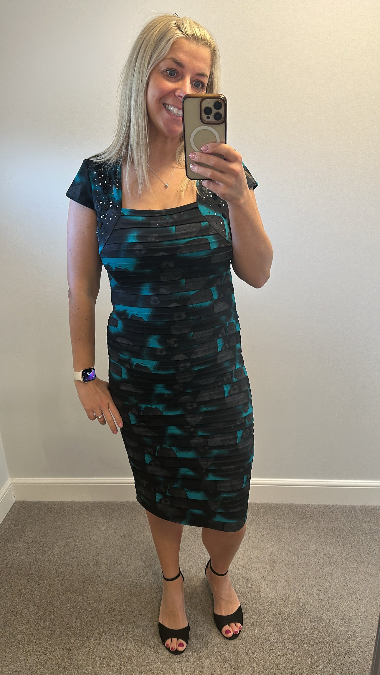 “Gold” black and green embellished dress size 14