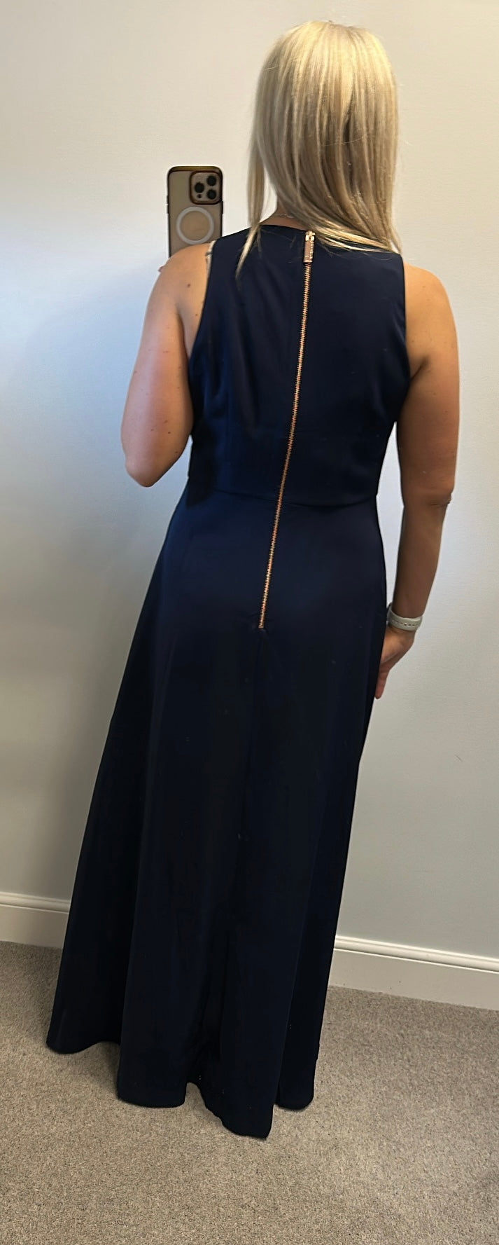 Ted Baker “Madison” navy dress with pleated panel size 14