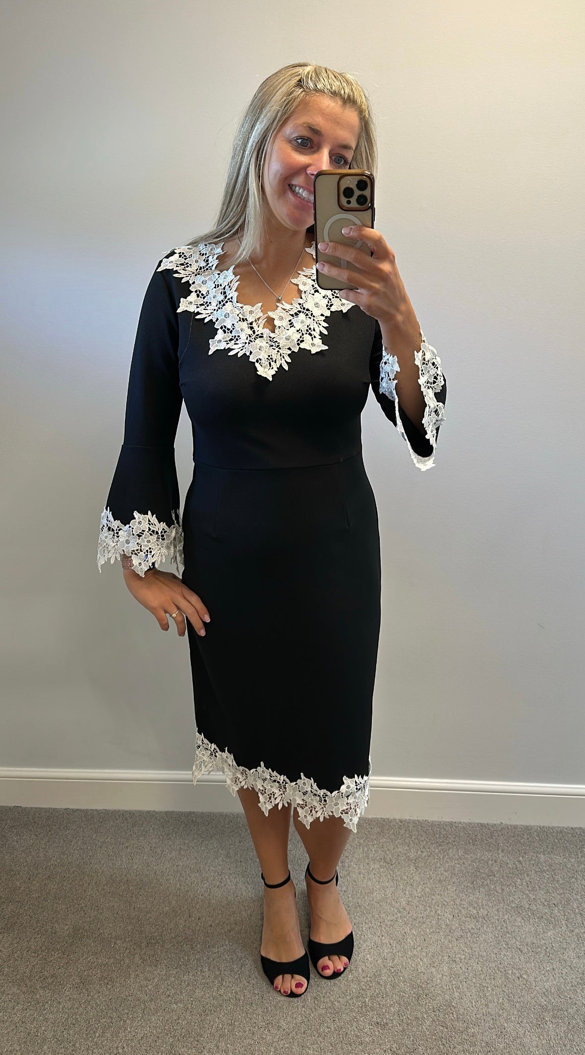 Black dress with white floral lace trim size 16