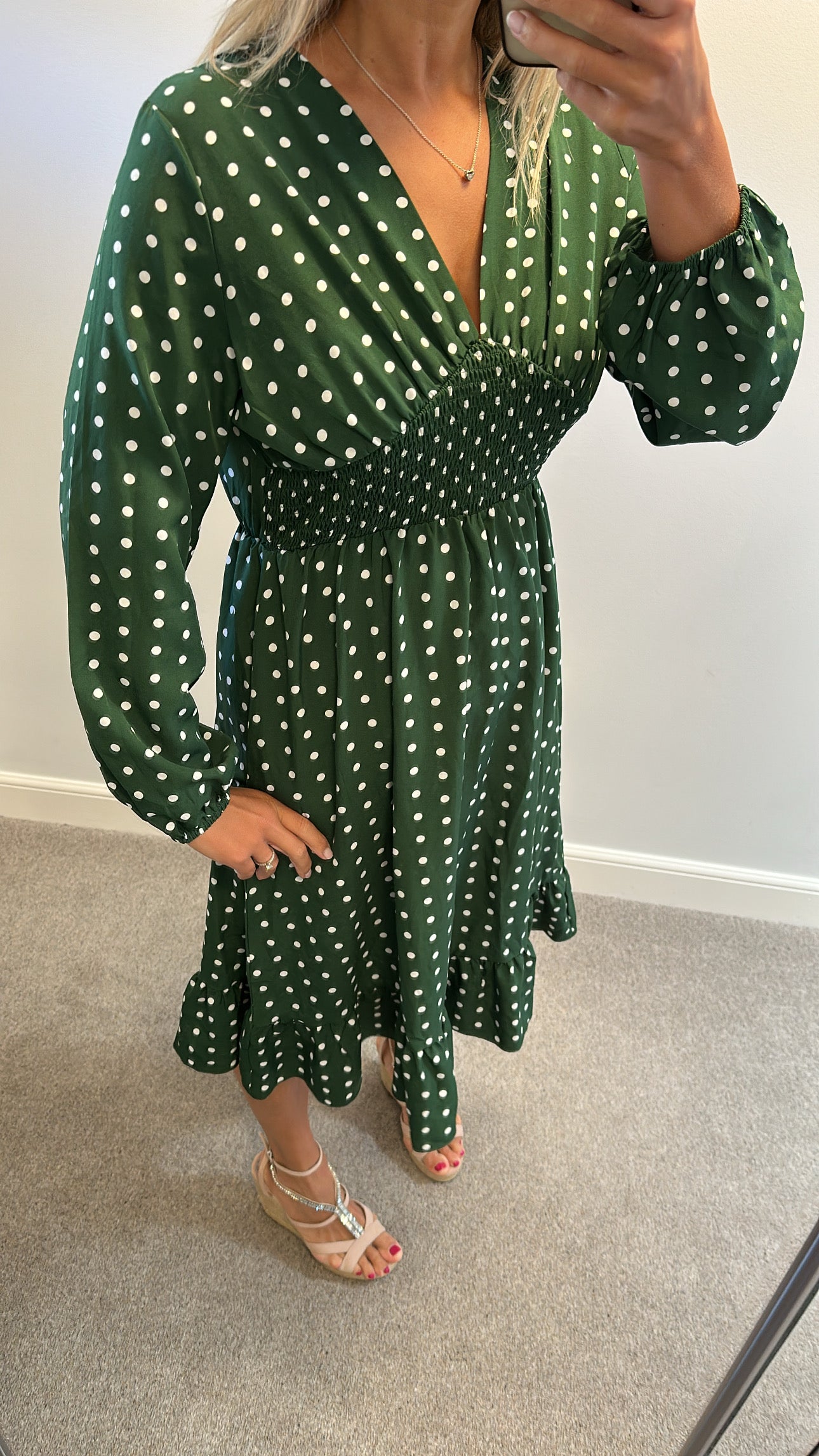 Green polka dot spotted dress would fit upto size 14