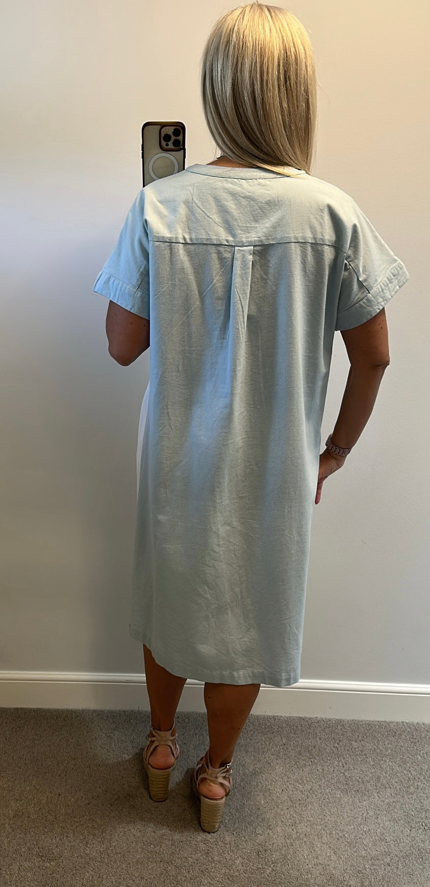 Alice Collins cotton / linen light blue midi dress with side stripe size 16