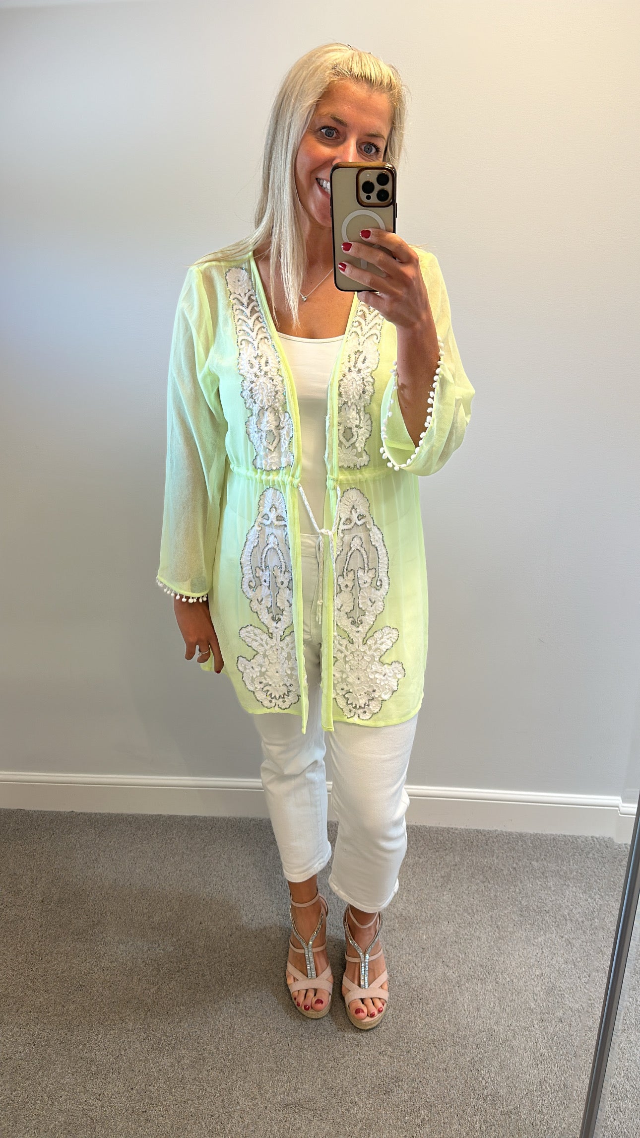Lime green embellished kimono would fit upto size 18