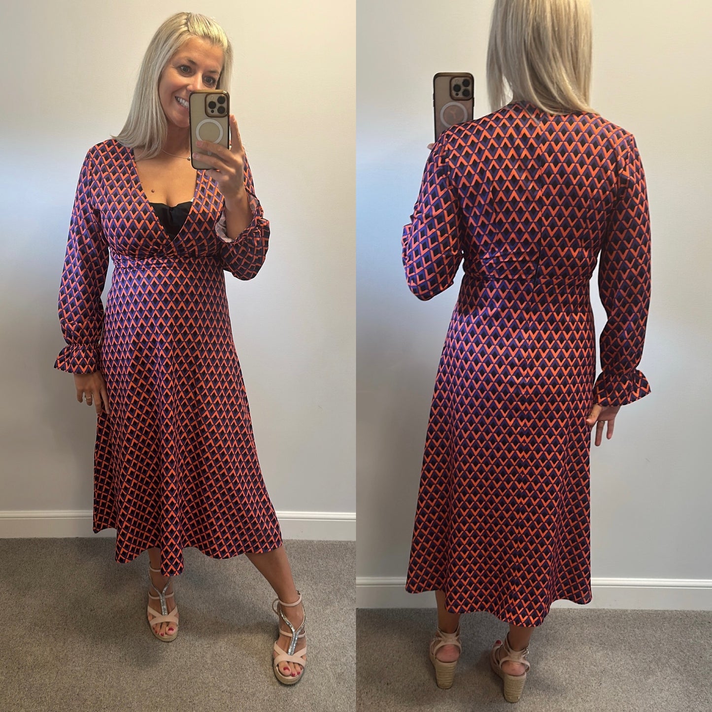 Orange and purple print dress would fit up to size 12