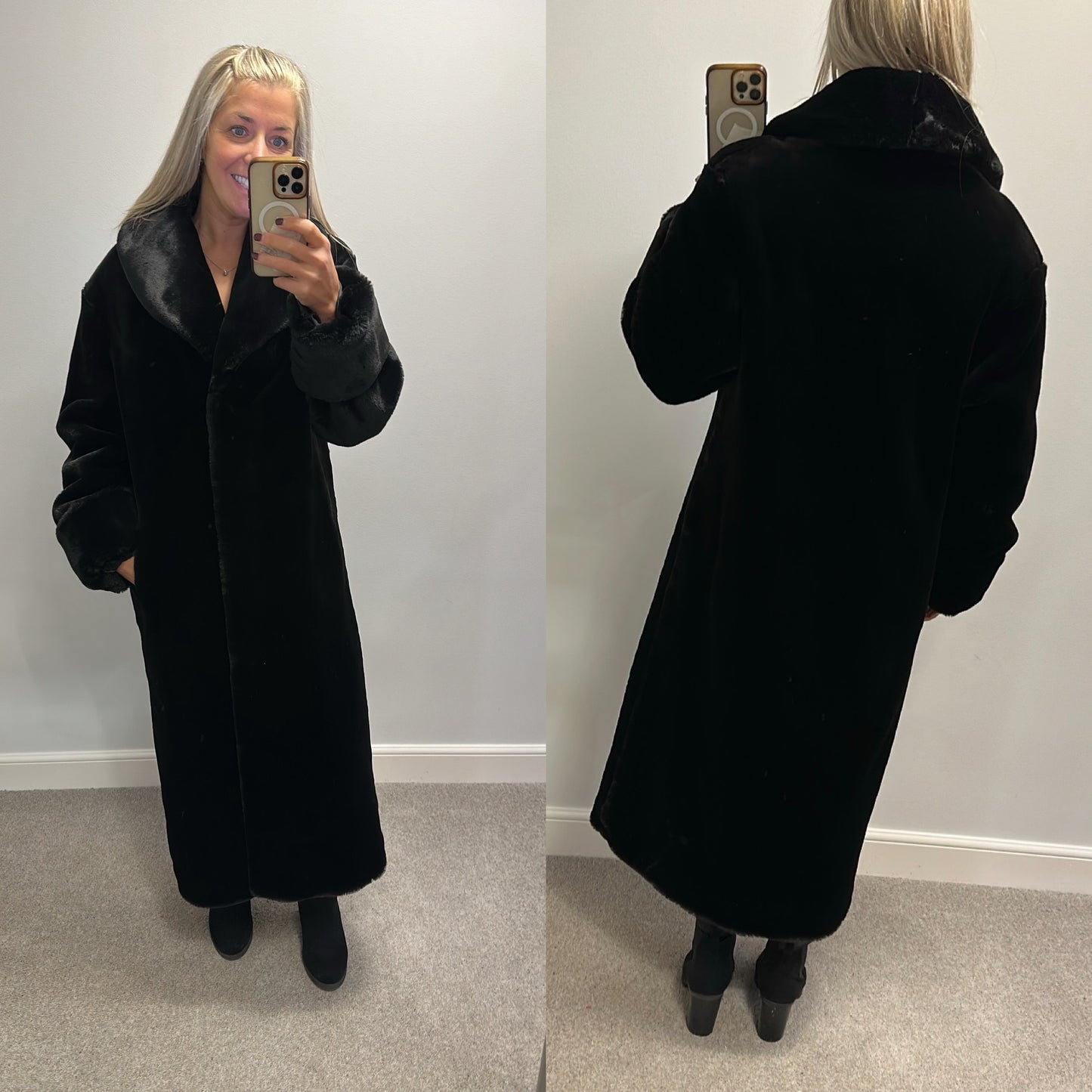 Long black faux fur jacket would fit upto size 16