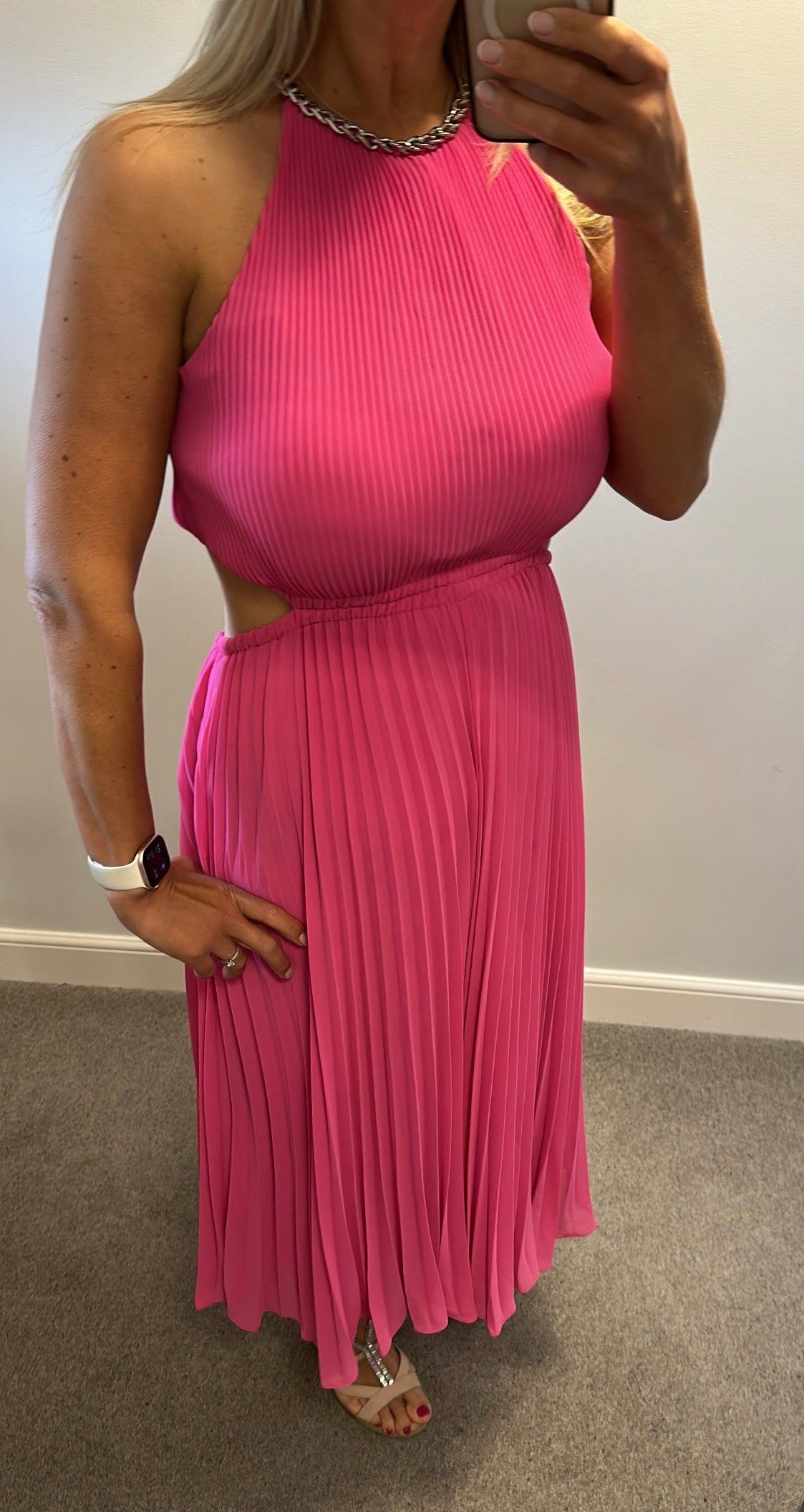 Michael Kors Pleated Cutout Dress in fuchsia pink with a chain-link halter neckline size M fitting upto size 14