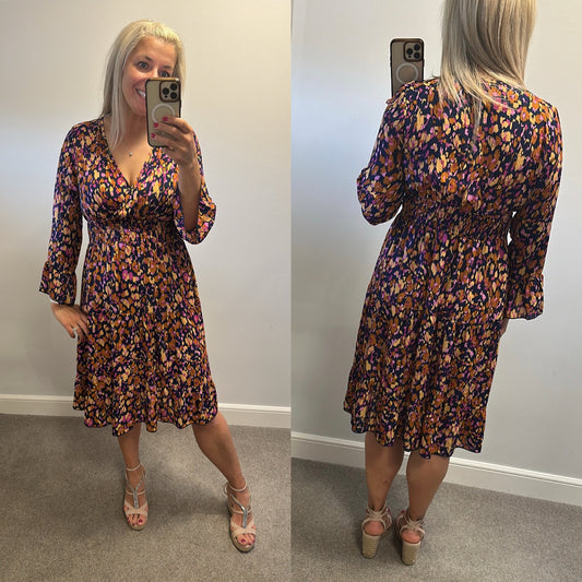 Navy Multi coloured print dress size L would fit upto size 14