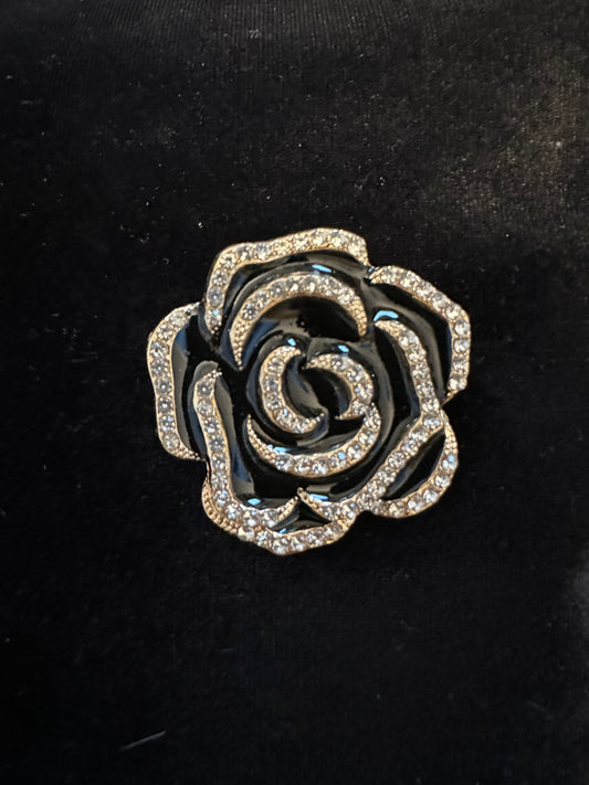 Black rose brooch with rhinestones