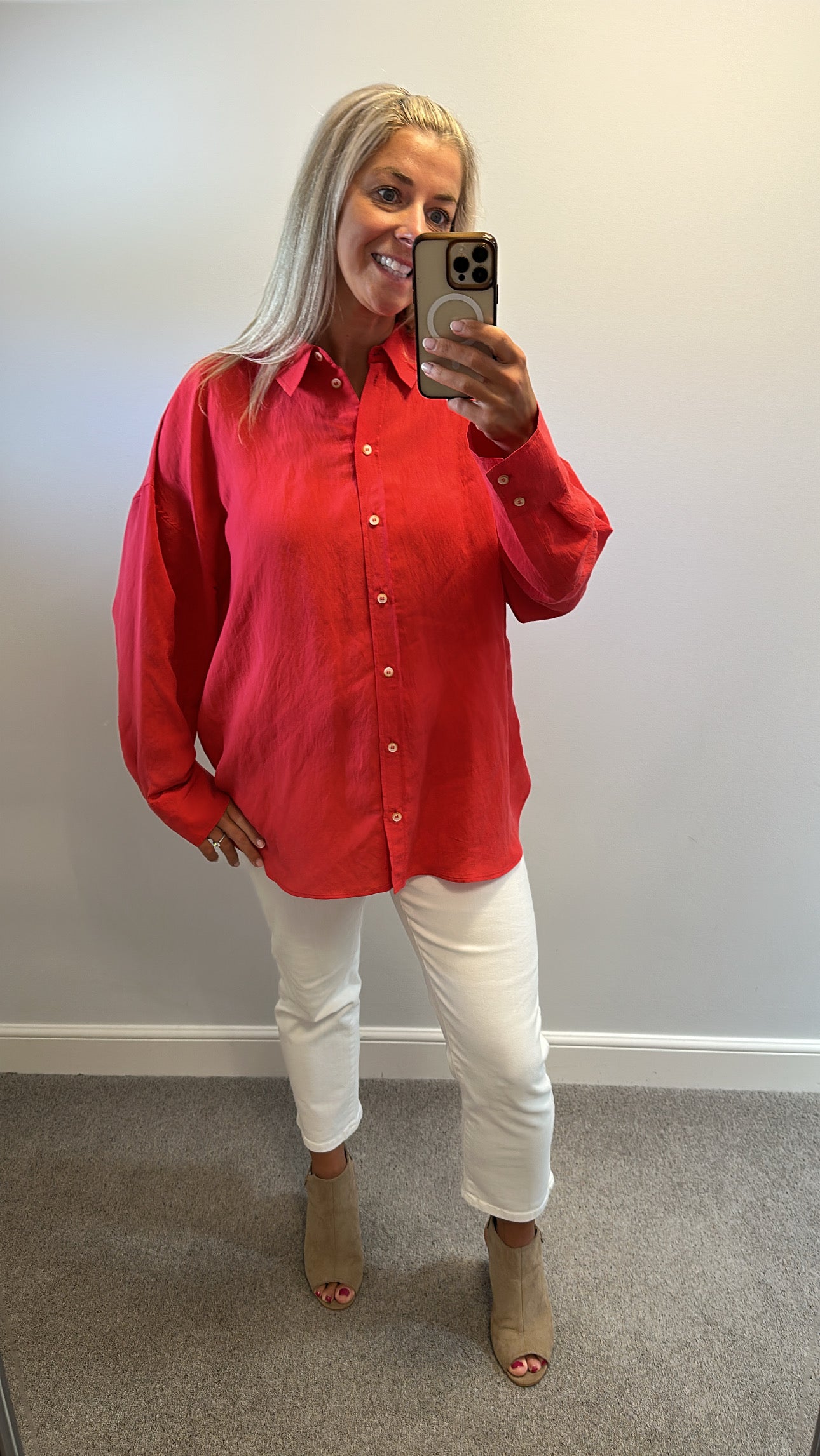 Zara coral / red shirt size XL would fit upto size 18