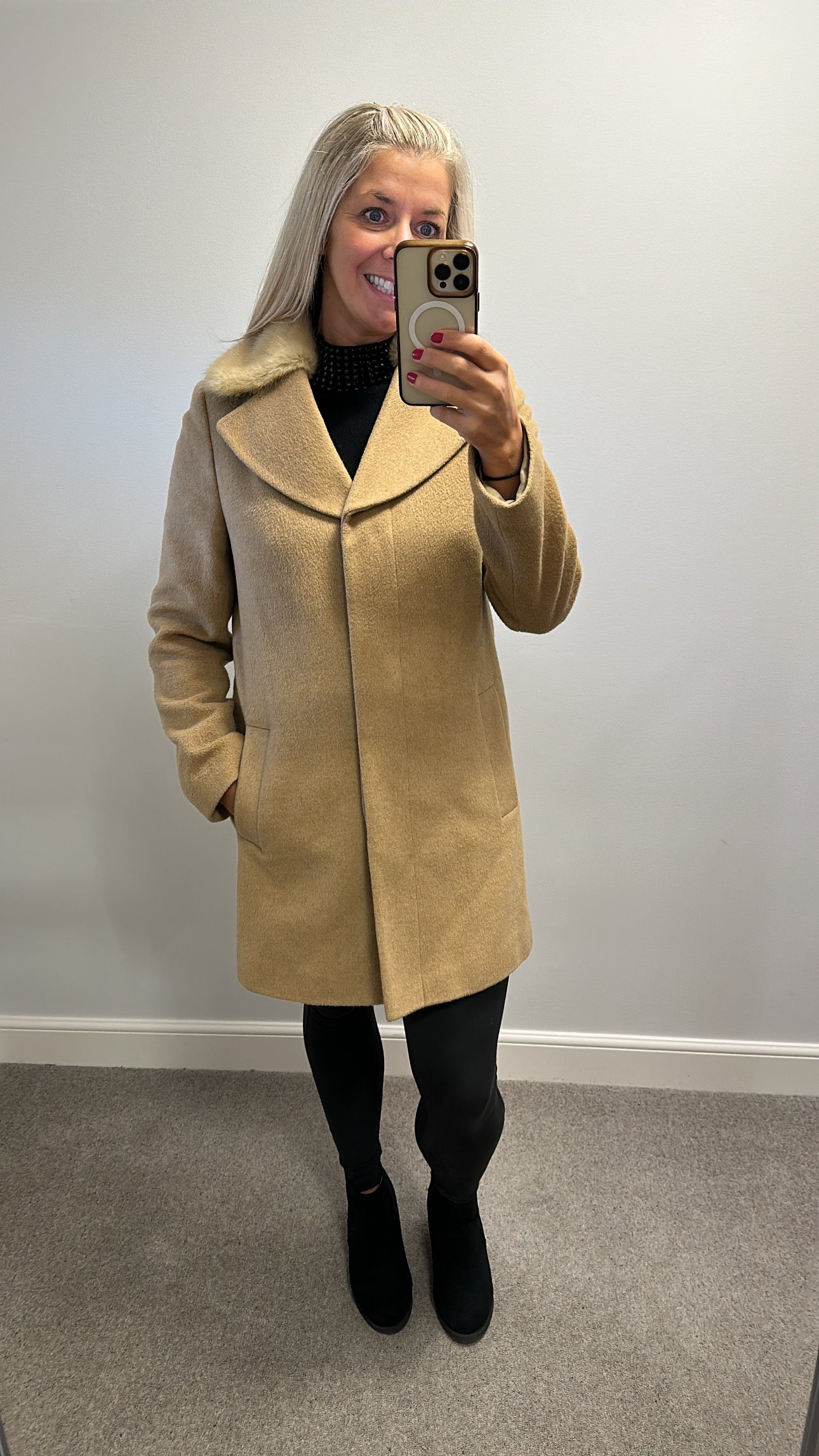 John Lewis tan wool jacket with removable faux fur collar size 10