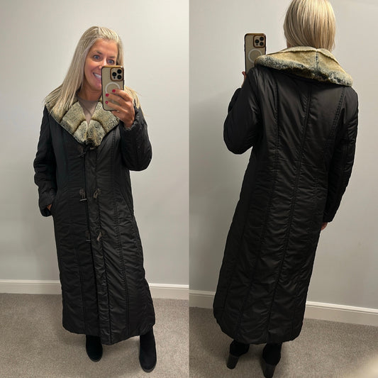 Frandsen black long jacket with removable faux fur collar would fit upto size 14