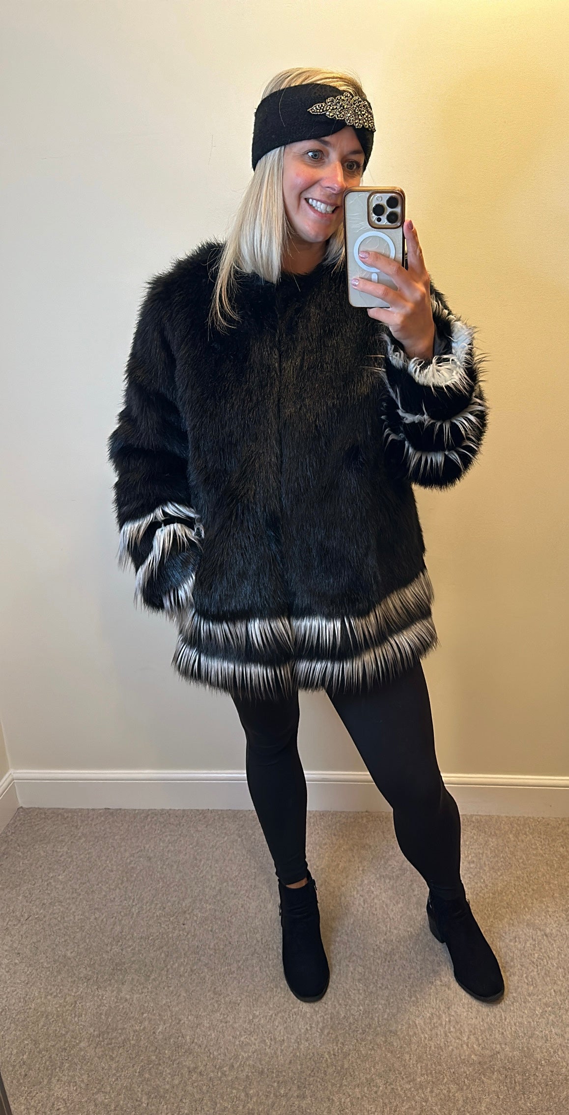 Limited edition black faux fur coat with pockets size 18