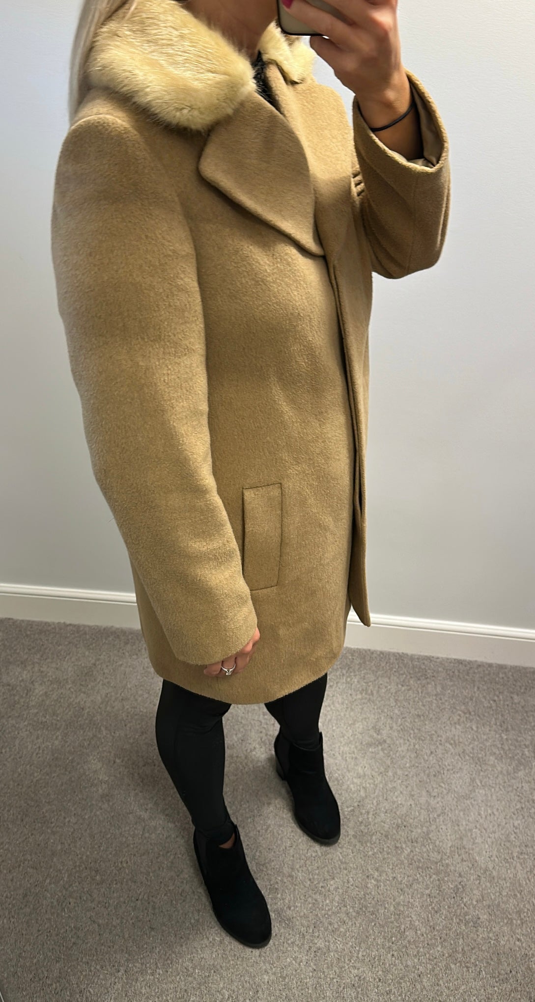John Lewis tan wool jacket with removable faux fur collar size 10