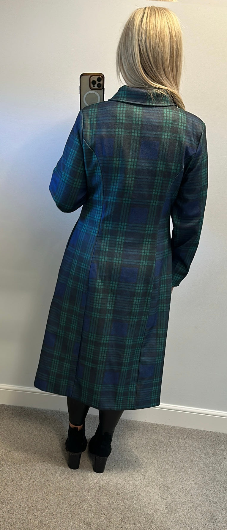 Green tartan check long coat would fit upto size 14