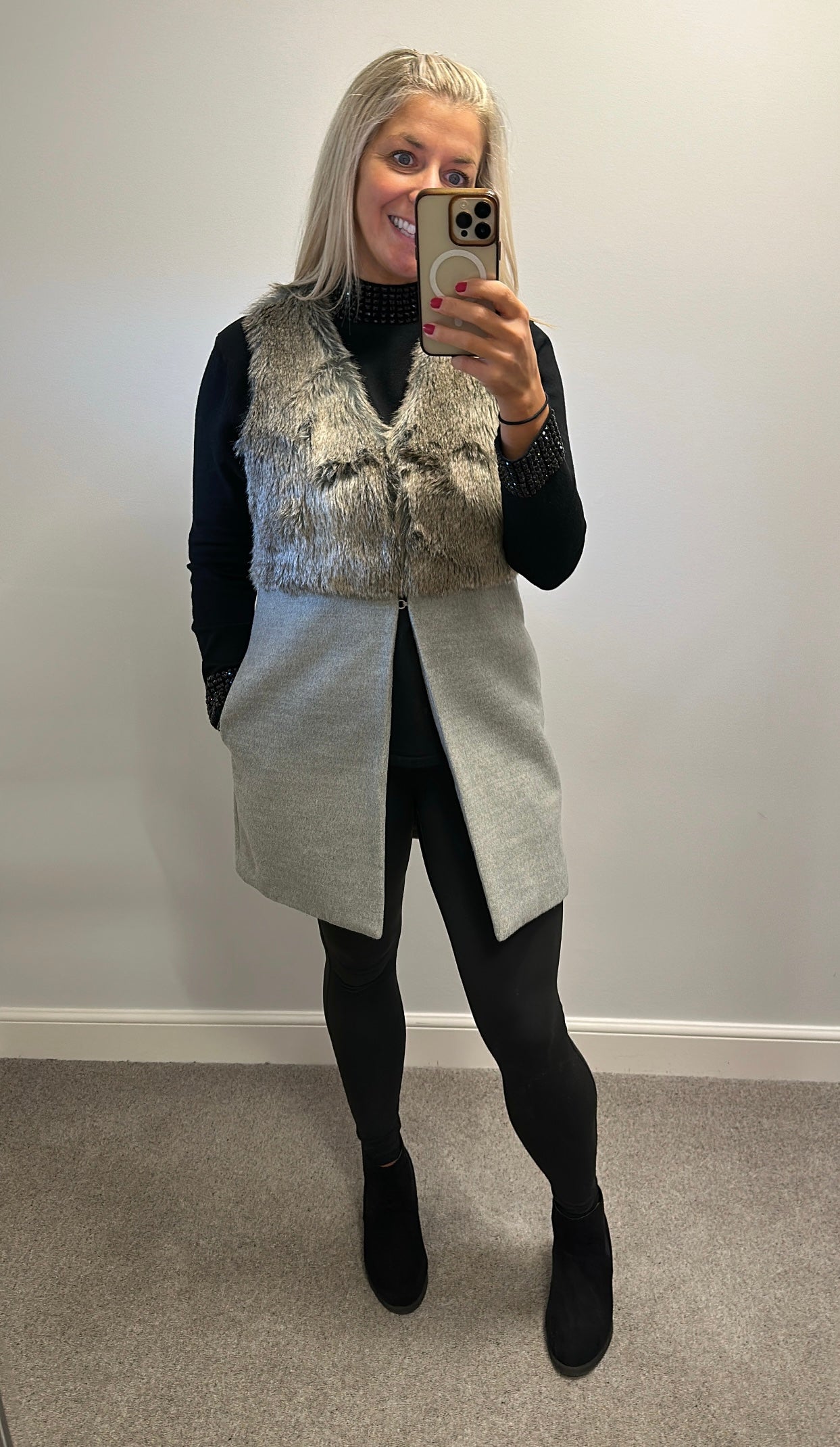 New look grey faux fur gilet size 10