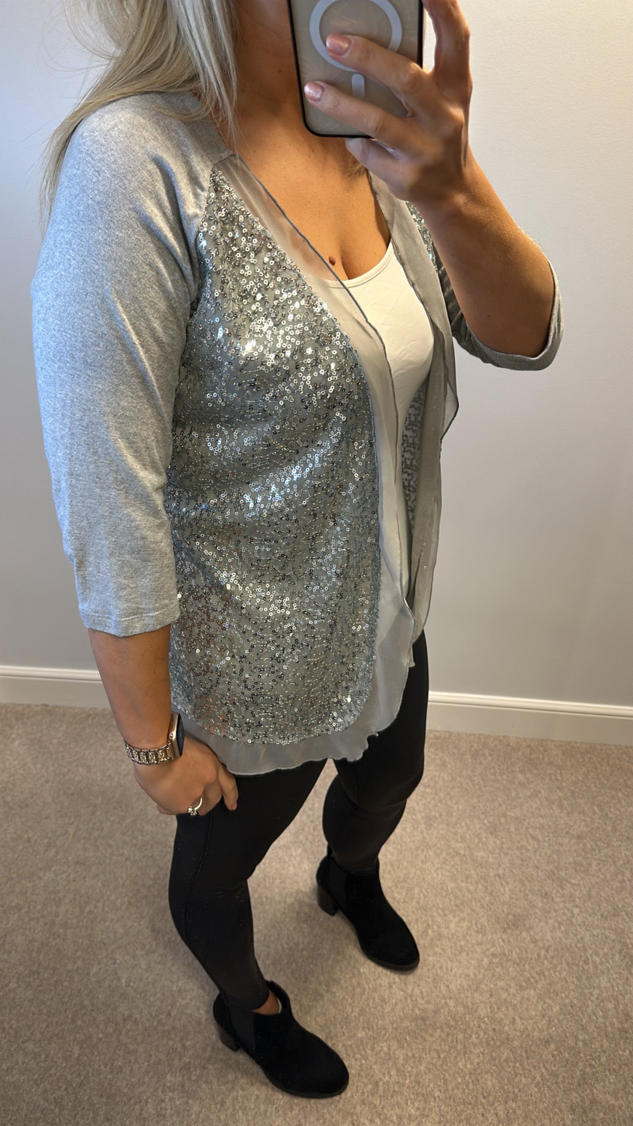 Indigo moon Grey sequin cardigan would fit upto size 14