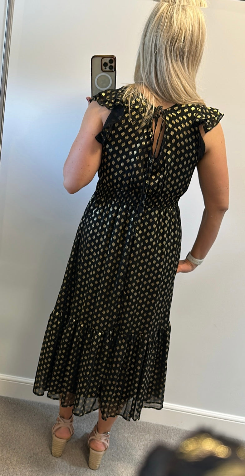 Black and gold polka dot floaty midi dress onesize fitting upto size 12