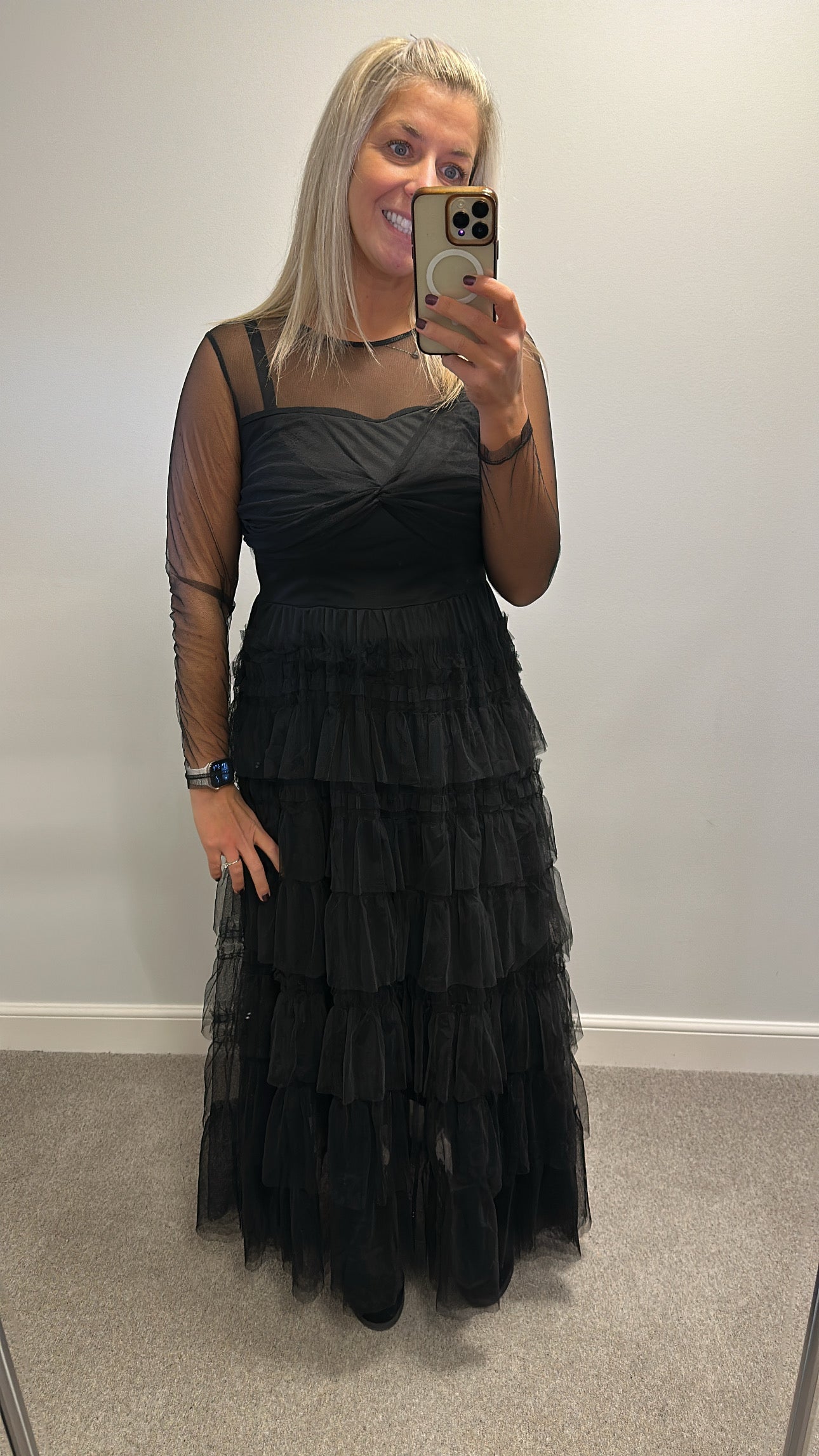 Black ruffle long dress fitting upto size 12