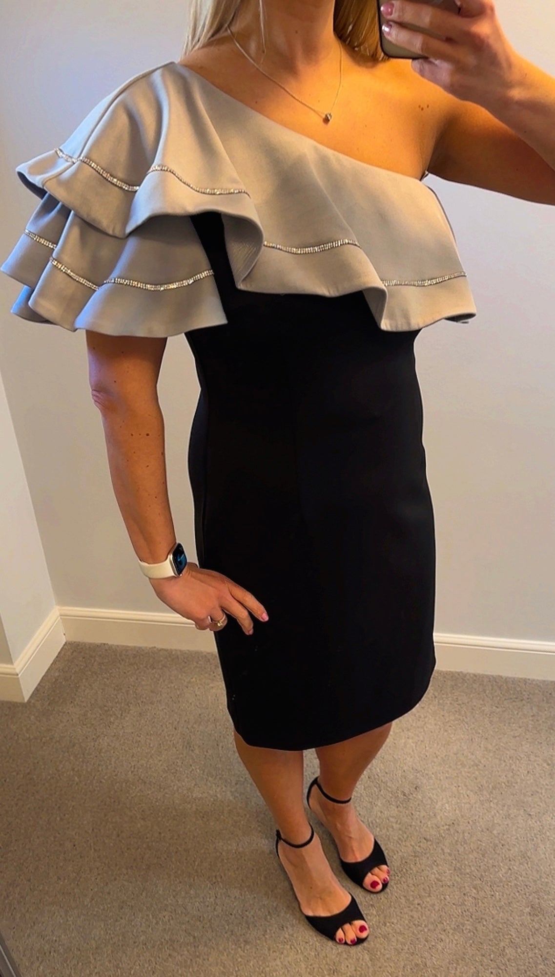 Frank Lyman black and silver one shoulder dress size 14