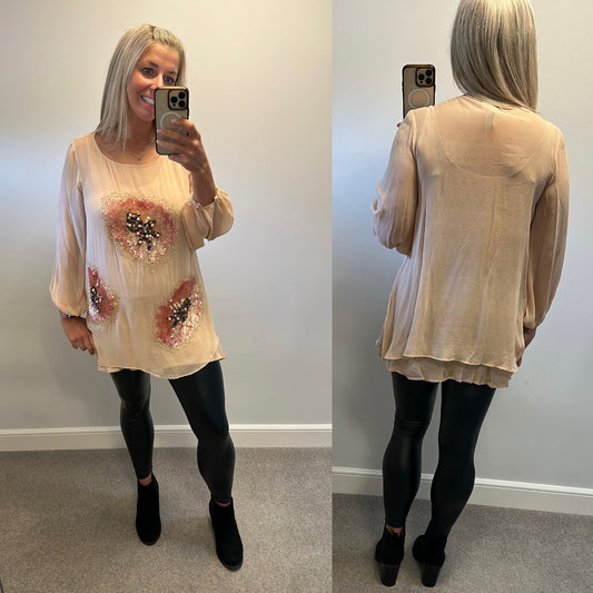 Peruna Peach embellished pure silk top size 16