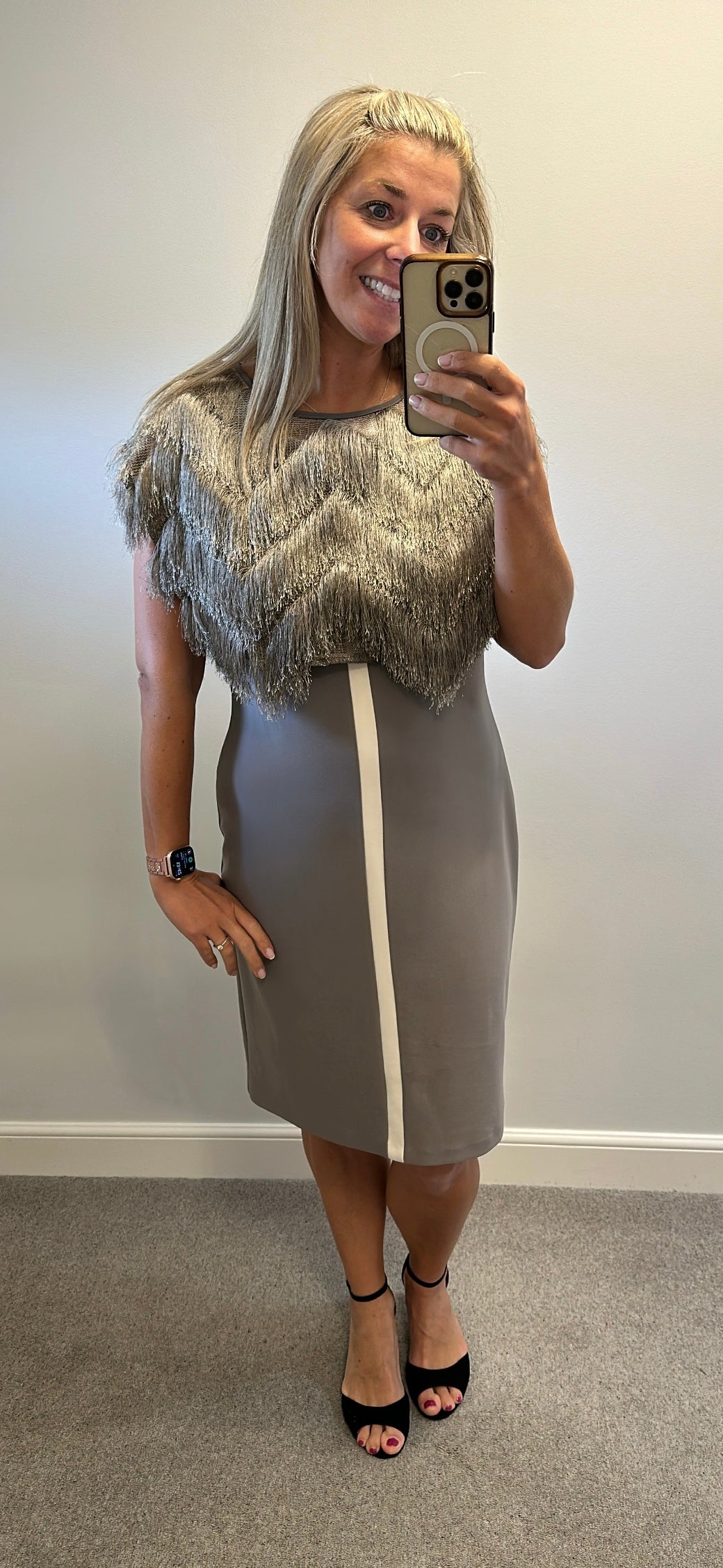 Frank Lyman taupe dress and fringed overlay capelet top size 14