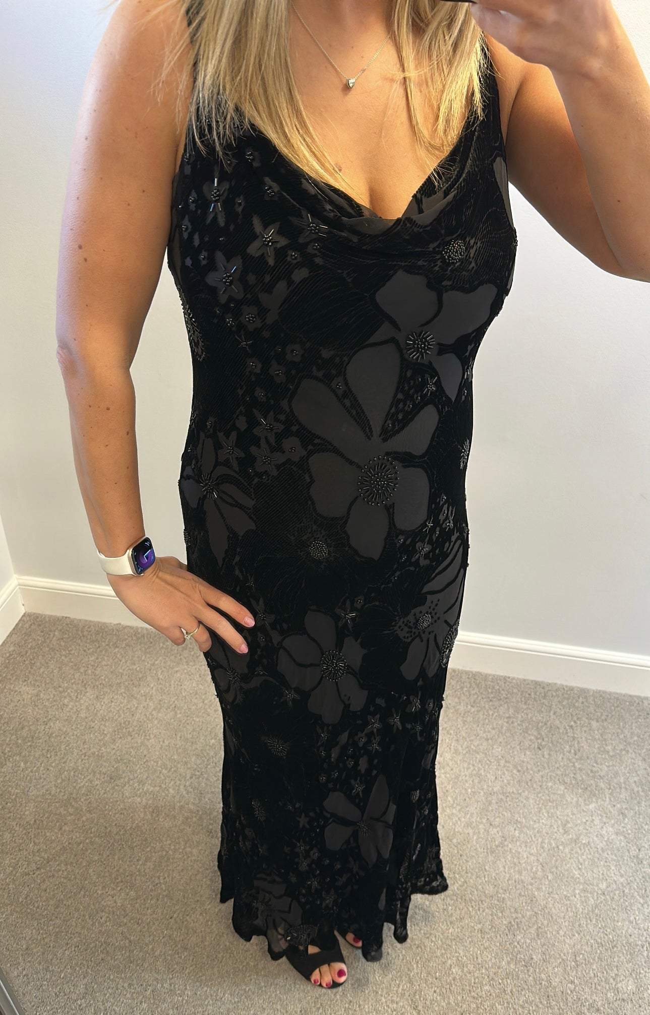 East Black velvet beaded evening dress small size 16
