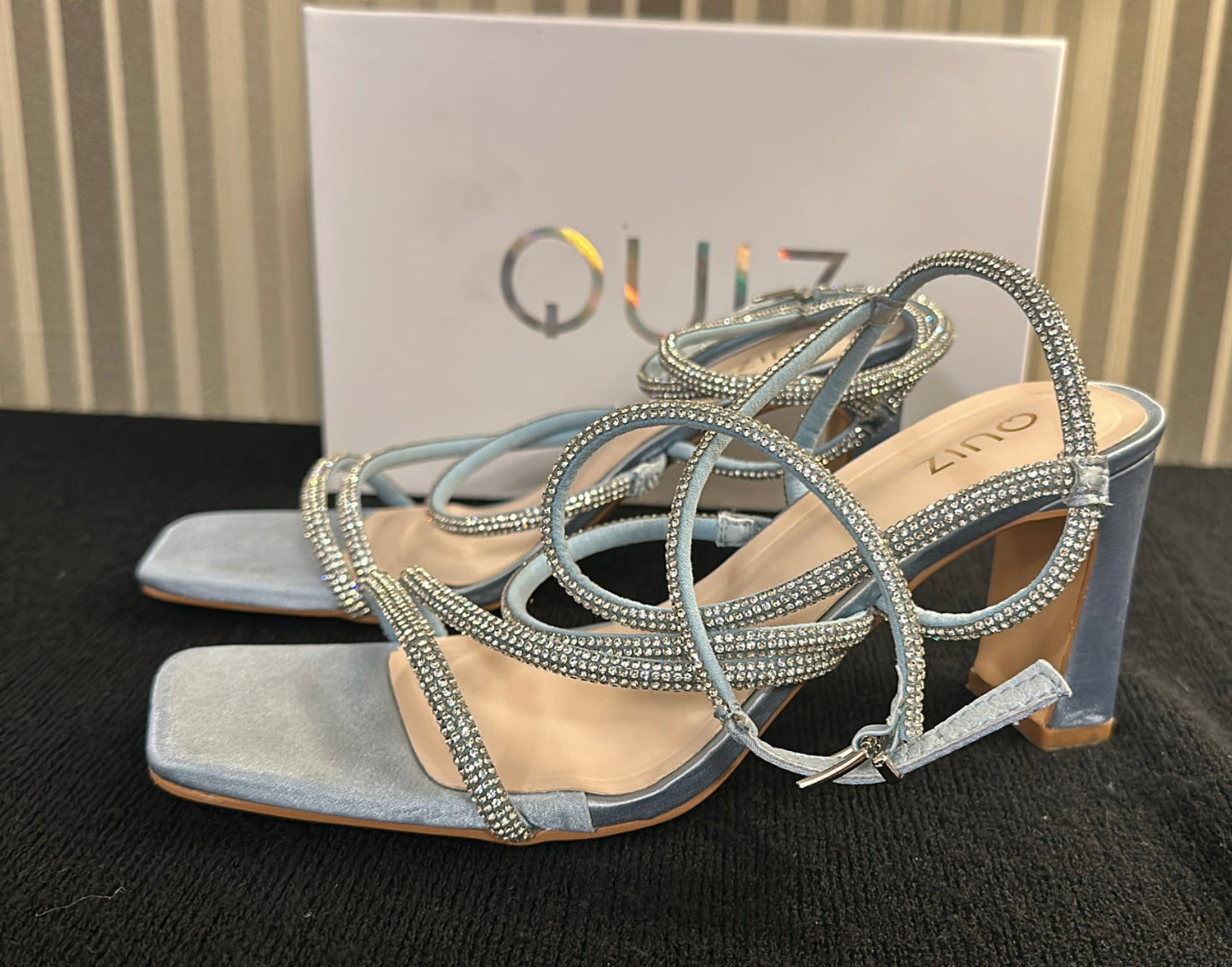 Quiz light blue diamanté strappy block heel shoes size 8 brand new with box