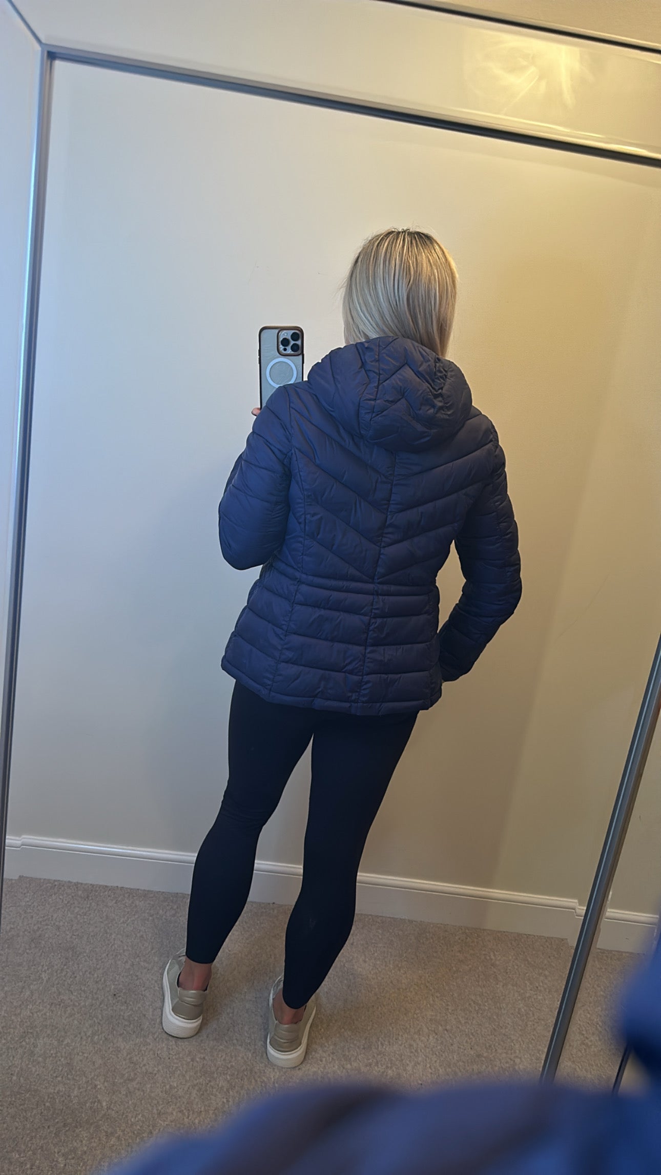 Michael Kors navy packable jacket with detachable hood size L would fit upto size 16