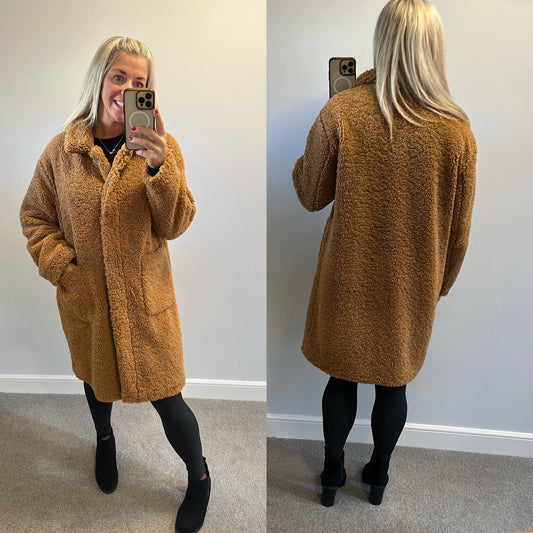 John Lewis any day brown teddy coat size L would fit upto size 14