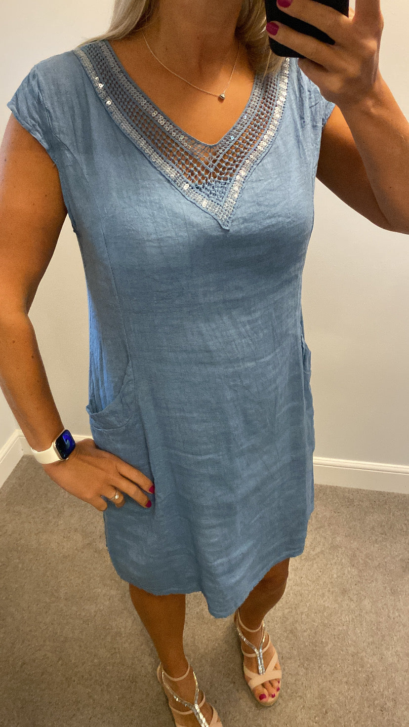 Made in Italy blue sequin dress with pockets one size fitting upto size 16