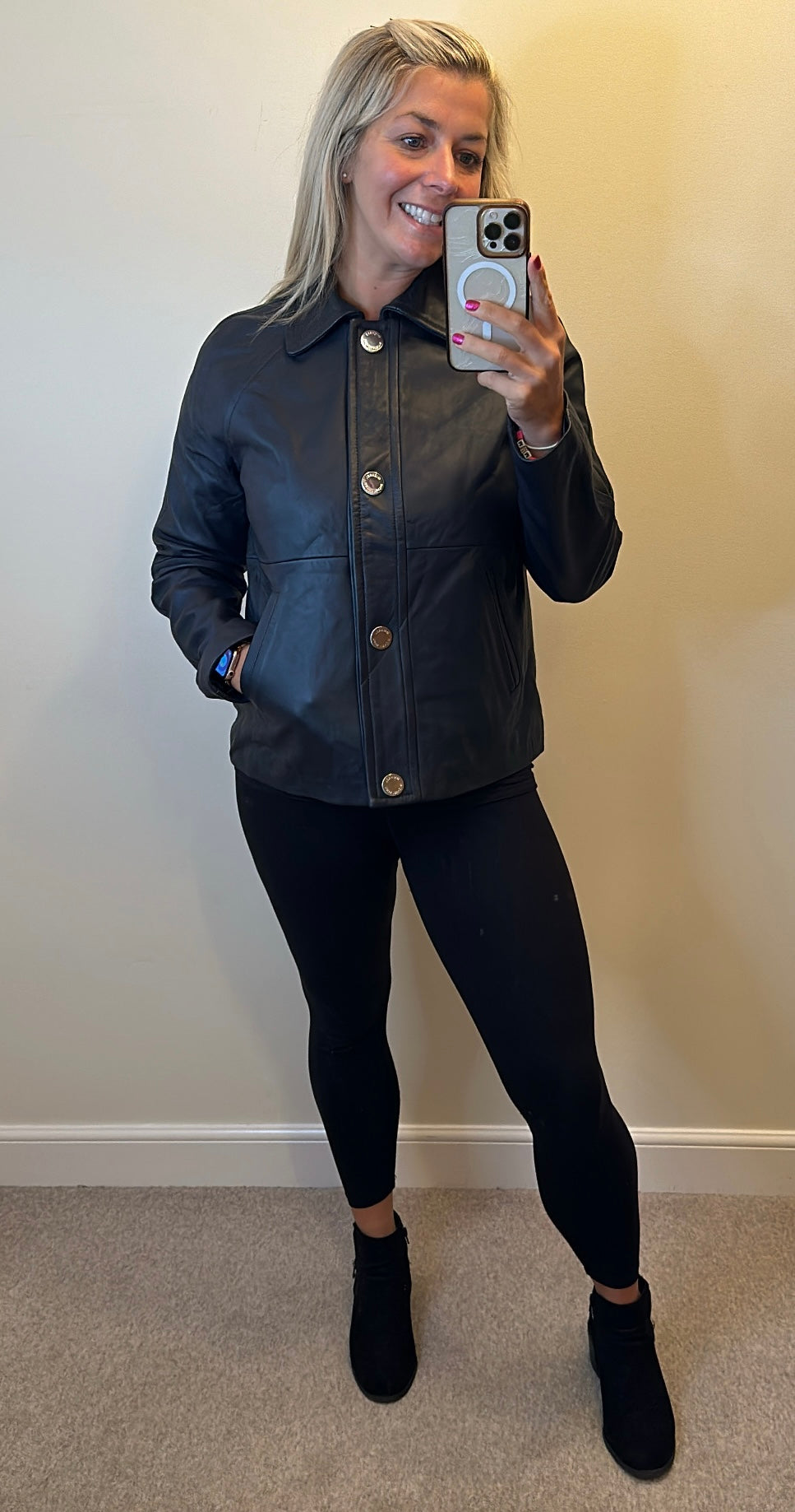 Michael Kors navy leather jacket size M fit upto size 14