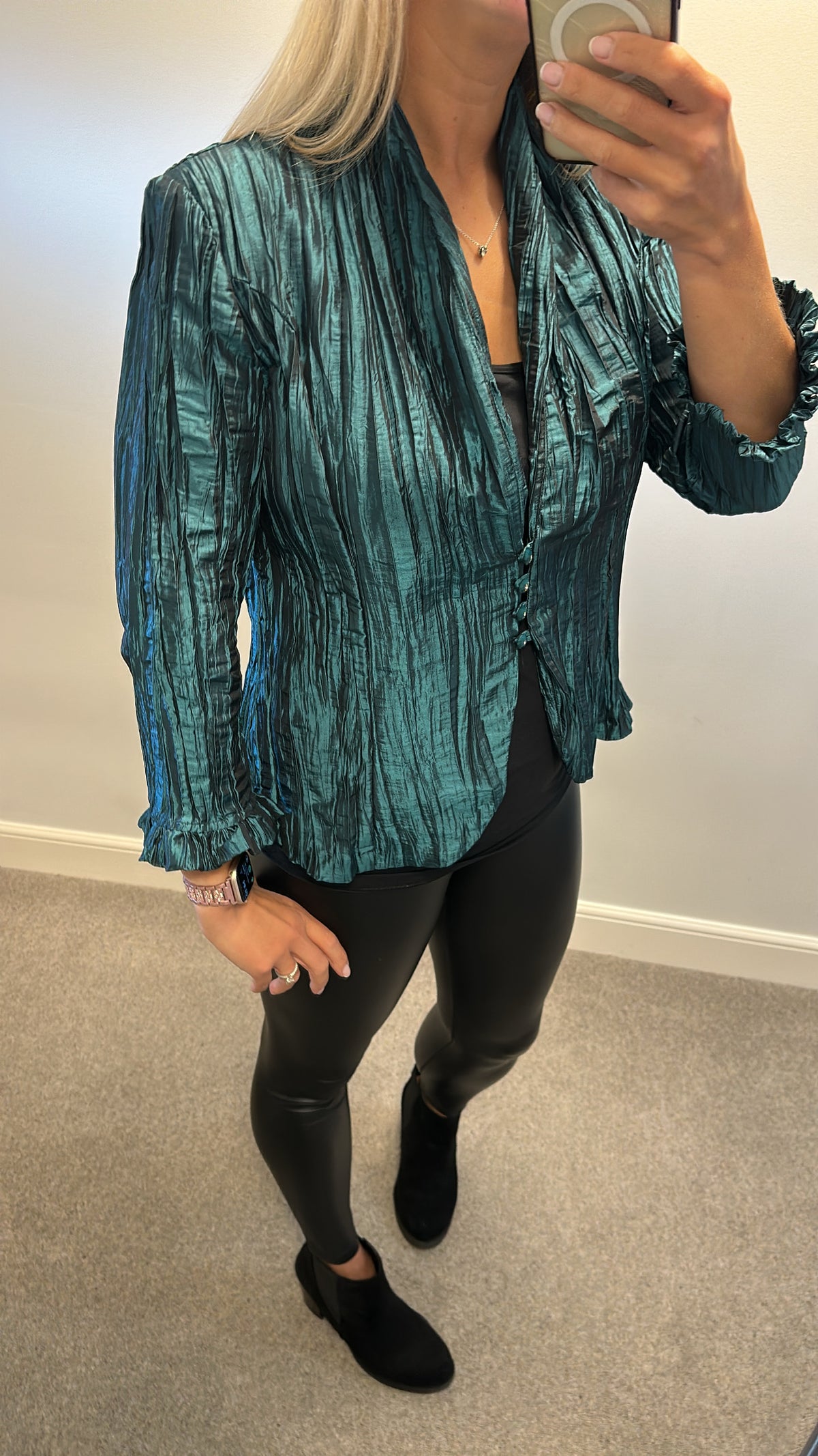 Monaco collection vintage dark turquoise green crinkled jacket size 16