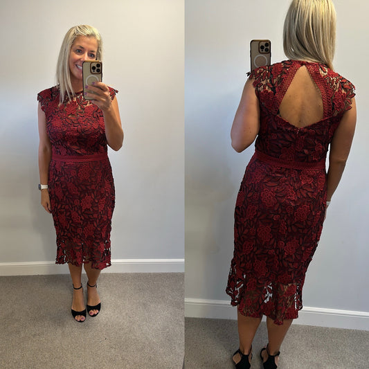Lipsy deep red lace dress size 16
