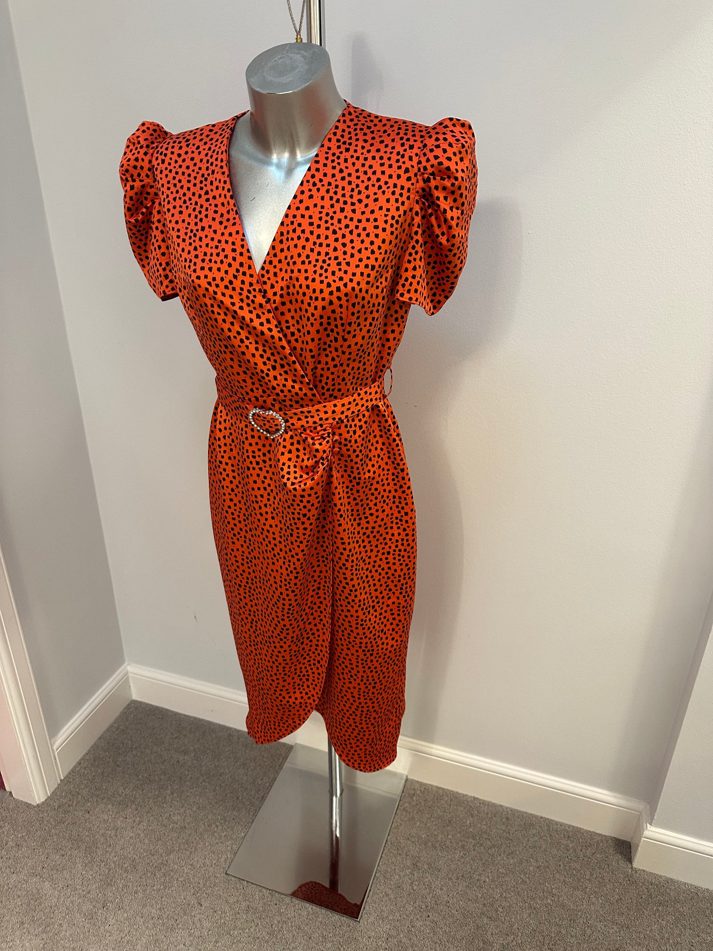 Orange and black print dress with removable belt size 12