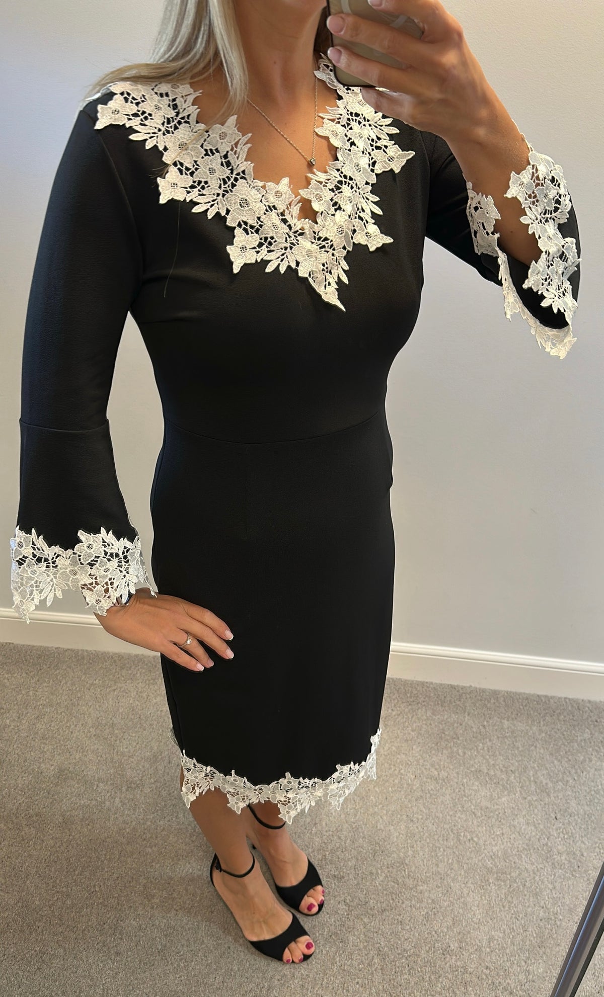 Black dress with white floral lace trim size 16