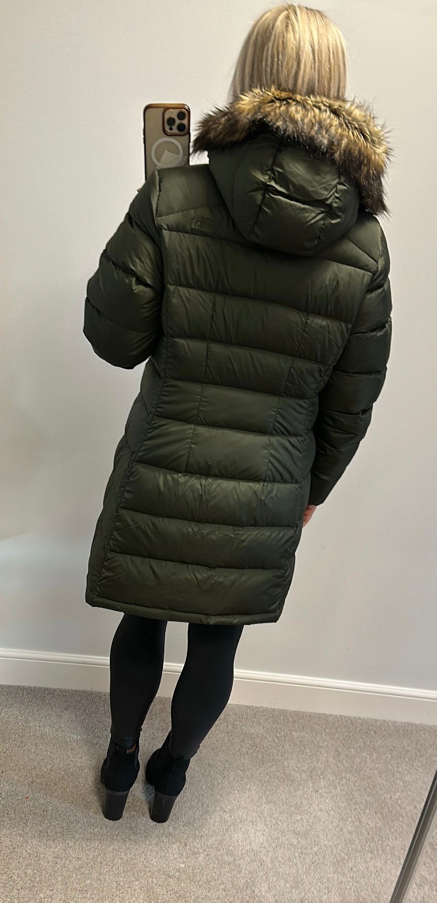 North face khaki 550 long quilted jacket size XL would fit upto size 16