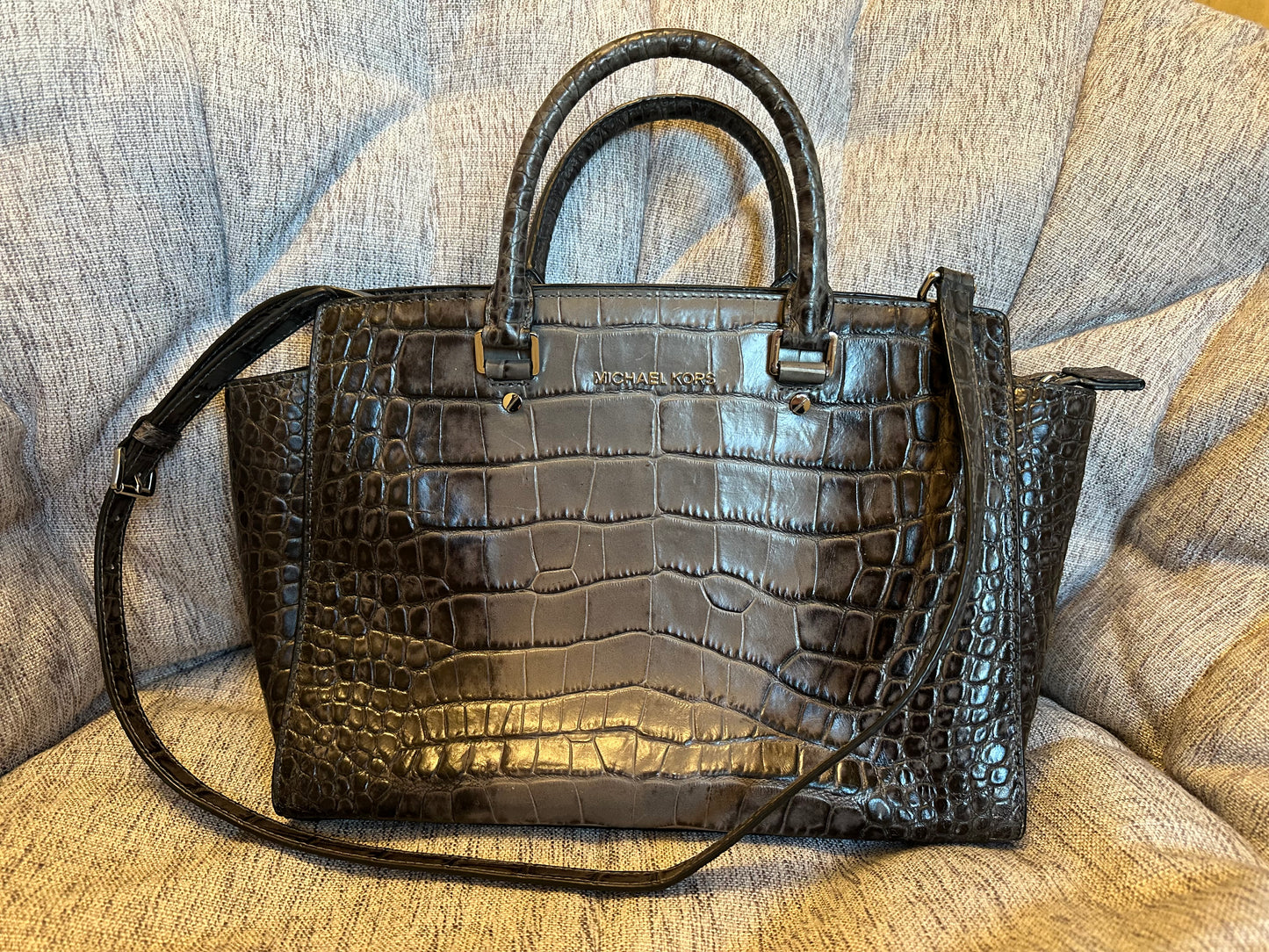 Michael Kors Selma grey Croc Embossed Leather Satchel Handbag.