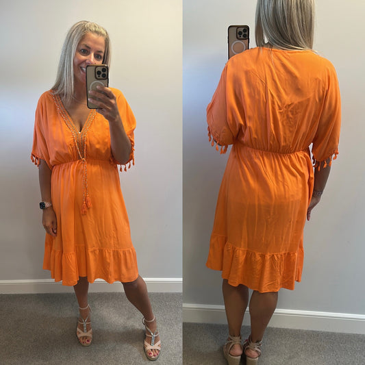 Spanish boutique Orange and gold summer dress one size fitting upto size 18