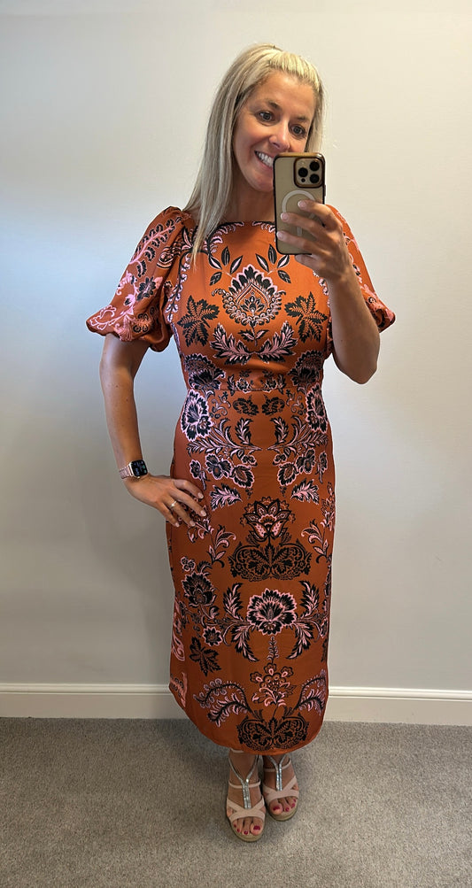 Oasis brown and pink midi dress size 10